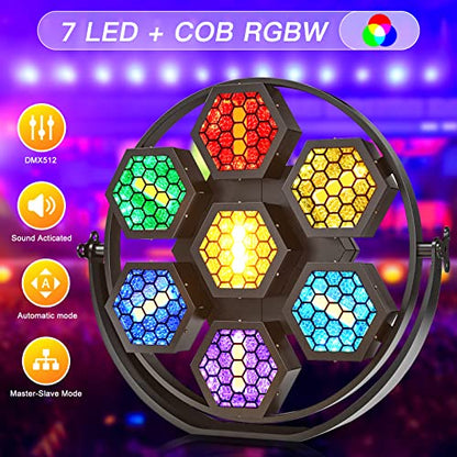 7X50W COB Hexagonal Retro Stage Lights with RGB 63LED DMX Aluminum Background Wash Strobe Par Light for Stages Wedding DJ Party Club Disco Event Church