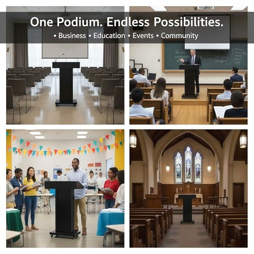 Podium Stand with 4 Locking Wheels, Heavy-Duty Metal Lectern with Large Lockable Storage Cabinet, Flat Desktop for Church, School, Office, and Conference, 43.7" H, Black - color: Classic Rectangular Steel - Black