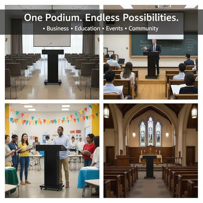 Podium Stand with 4 Locking Wheels, Heavy-Duty Metal Lectern with Large Lockable Storage Cabinet, Flat Desktop for Church, School, Office, and Conference, 43.7" H, Black - color: Classic Rectangular Steel - Black