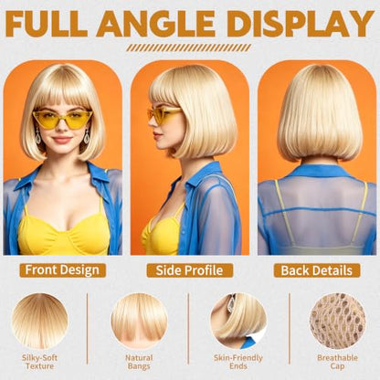 Short Bob Straight Hair Wigs with Bangs, Heat Resistant Fiber Hair, Cat Eye Glasses for Women (Light Gold) - color: Light Gold