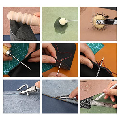 BUTUZE Leather Working Tools, Practical Leather Craft Kit with Waxed Thread Groover Awl Stitching Punch Hole for Leathercraft Beginner or Adults Gifts - size: 66 Pcs