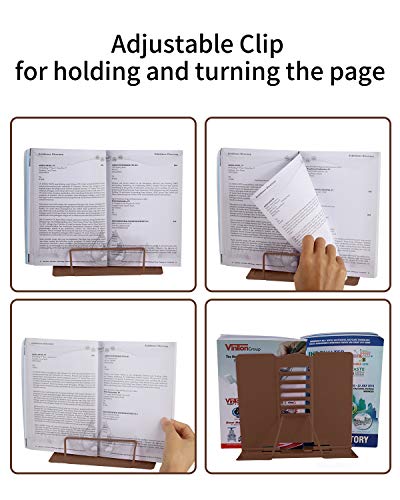 MSDADA Desk Book Stand Metal Reading Rest Book Holder Adjustable | Cookbook Documents Holder Portable Sturdy Bookstands for Recipes Textbooks Tablet Music Books with Page Clips (Brown) - color: Brown