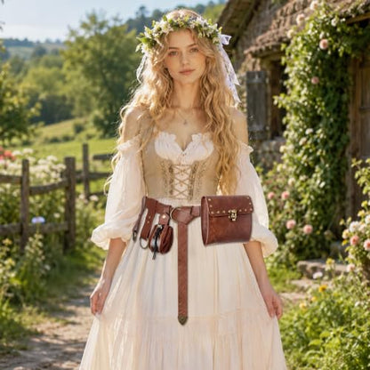 Renaissance Belt Pouch Set with Wreath - Renaissance Accessories with Pirate Belt Pouch for Halloween Cosplay & LARP - color: Brown-g