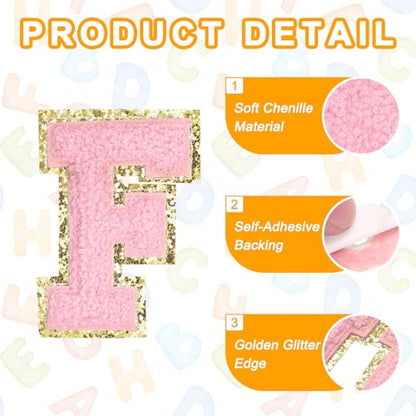 MECCANIXITY Chenille Letter Patches 2.2" Self Adhesive Alphabet F Stick on Embroidered Patch Sew on Letter Stickers Applique for Repairing Clothing Jeans Shoes Hats DIY(Pink, Pack of 6) - style: Letter-F