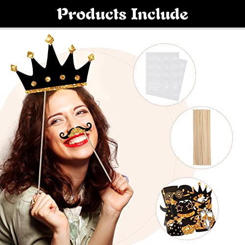 Zonon 24 Pcs Photo Booth Props Set Black Gold Birthday,Golden | Props on Sticks for Wedding, Reunion, Prom, Includes Mustache, Hats, Glasses, Ties, Lips, Crowns, Fun Party Accessories - color: Golden