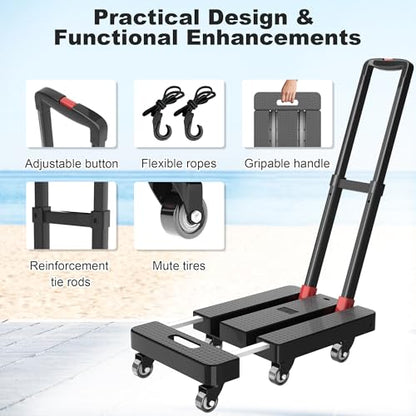Folding Hand Truck, 500 LBS Heavy Duty Foldable Dolly Cart with Wheels, Telescoping Handle & 2 Elastic Ropes, Portable Luggage Cart for Moving, Travel, Home, Black Red