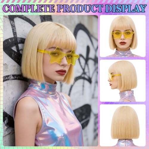 Short Bob Straight Hair Wigs with Bangs, Heat Resistant Fiber Hair, Star-shaped Glasses for Women (Light Gold) - color: Light Gold