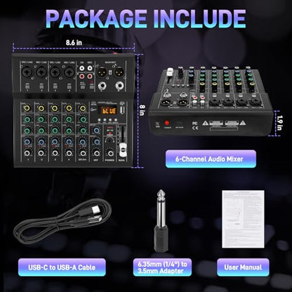 6-Channel Audio Mixer for Beginners, Easy Setup DJ Mixer with Bluetooth, USB/MP3 Sound Card, DSP Effects & 48V Phantom Power, Compact Mixing Console for Karaoke, Podcast & Streaming
