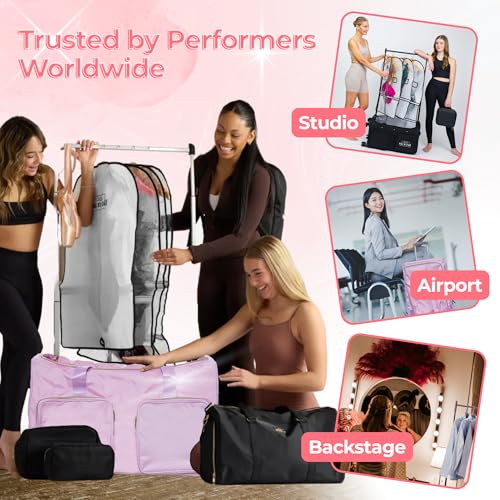 Rac n Roll Collapsible Rolling Dance Bag with Garment Rack (Clothes Rack), Foldable Competition Travel Duffel with Wheels for Dancers, Cheer, Pageant, Skating, Costume Storage, Pink - color: Pink