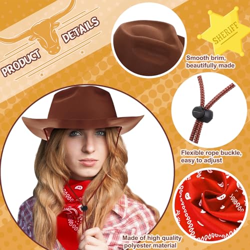 Hillban 48 Pack Cowboy Hats and Bandanas Set, Felt Plastic Cowgirl Hats for Women Men Cowboy Western Party Supplies(Brown, Red, Blue) - color: Brown, Red, Blue