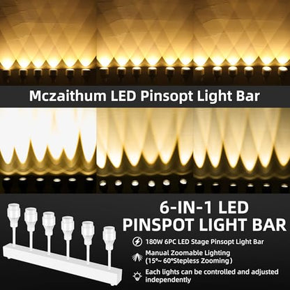 180W Warm Yellow LED Pinspot Light Bar&160W 6PC RGBW 4IN1 LED Stage Pinspot Light Bar 15°~60° Manual Zoom for Party Wedding Church Stage DJ Club Bar