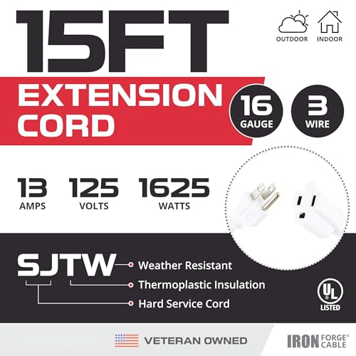 Iron Forge Cable 16 Gauge Heavy Duty White Extension Cord, 15 Ft - SJTW | 16/3 SJTW Cable, 3 Prong Grounded Plug, 13 Amp - For Landscaping, Leaf Blowers, Lights, Appliances - size: 15 Foot