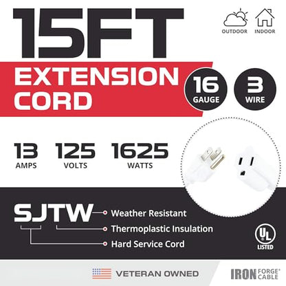 Iron Forge Cable 16 Gauge Heavy Duty White Extension Cord, 15 Ft - SJTW | 16/3 SJTW Cable, 3 Prong Grounded Plug, 13 Amp - For Landscaping, Leaf Blowers, Lights, Appliances - size: 15 Foot
