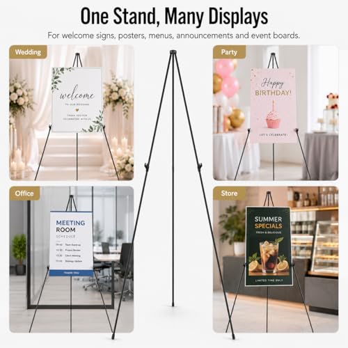 RRFTOK 3 Pack 63 in Sign Easel Stands, Instant-Fold Tripods with Bags | Instant-fold metal tripod with carry bag for welcome sign, poster display, foam board and floor use - style: 63B 3pack