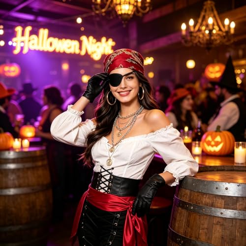 JATEBI Pirate Costume Accessories Set for Women Outfit - style: Burgundy Cashew Flower and Black Vintage