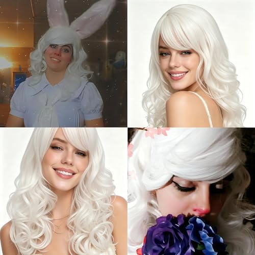 Cying Lin 18" Long Curly White Beehive Wigs Heat Resistance Fiber Synthetic Hair Party Cosplay Wigs Peluca (White) - color: White