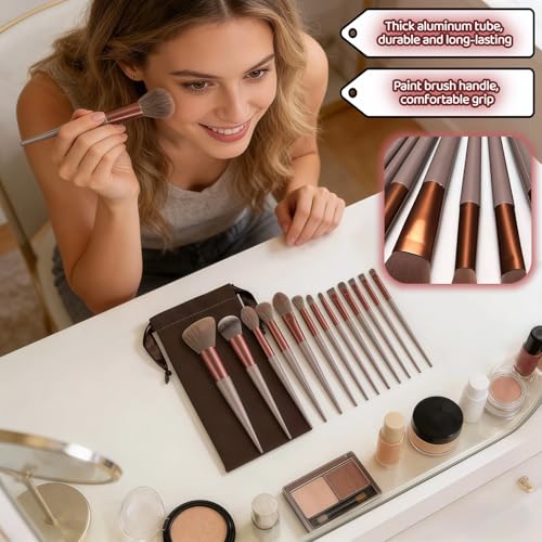 Makeup Brush Set, 13 Piece Professional Cosmetic Brushes with Pouch, Synthetic Bristles, Hypoallergenic for Face and Eye Application, Face & Eye Brush Set for Beginners to Pros (Brown) - color: Brown