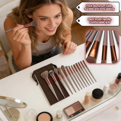 Makeup Brush Set, 13 Piece Professional Cosmetic Brushes with Pouch, Synthetic Bristles, Hypoallergenic for Face and Eye Application, Face & Eye Brush Set for Beginners to Pros (Brown) - color: Brown