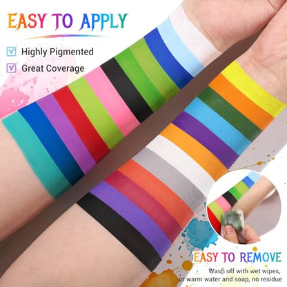 BOBISUKA 24 Colors Water Activated Face Body Paint Palette, Highly Pigmented Washable Face Painting Kit for Halloween Cosplay SFX Festival Party, Body Art Paints for Adults