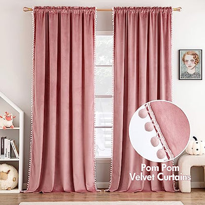 MIULEE Blush Pink Pom Pom Velvet Blackout Curtains, W52 x L84, Set of 2 | Rod Pocket Curtains,Thermal Insulating,Blackout Curtains for Bedroom/Home Theater/Living Room Darkening - color: Blush Pink, size: 52"W x 84"L (Pack of 2)
