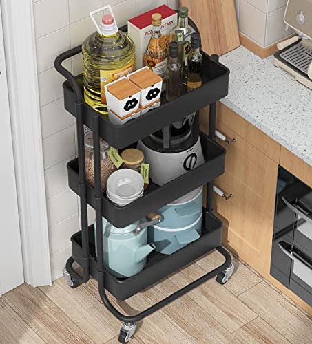Sooyee 3 Tier Metal Utility Cart with Handle and Lockable Wheels, Black - color: Black, size: Wide 3 Tier 2