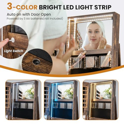 LOKO 360° Swivel Jewelry Cabinet, Lockable Jewelry Organizer (Rustic Brown) - color: Rustic Brown