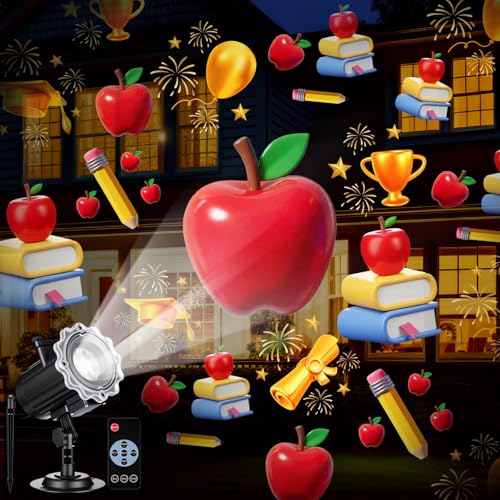 Back to School Projector Light Outdoor | Decorative Dynamic LED Projector Light with 12 Holiday Film Slides, Waterproof Landscape Rotation Lighting Projection Lamp