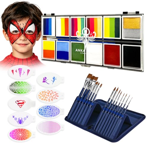Anka Bella Face Paint Kit for Kids – 12 Colors Water Based Face Paint Palette with Brushes & Stencils, Non Toxic Washable Body Paint for Halloween, Birthday Party, Carnival, Cosplay Makeup - color: HeroVibe Palette