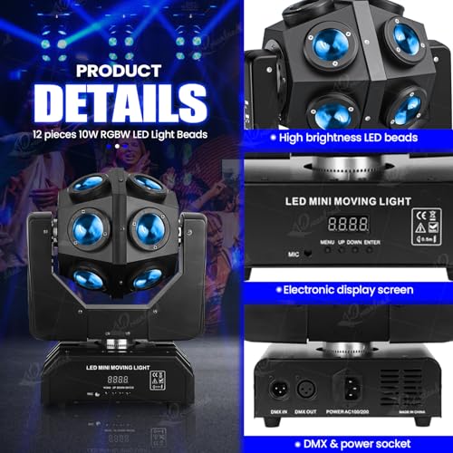 Dreamland Moving Head DJ Lights, RGBW LED Rotation Party Lights with DMX Sound Auto Control, Strobe Disco Lighting for Parties Stage Club Christmas
