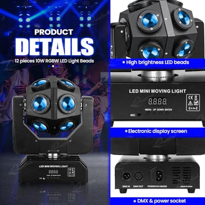 Dreamland Moving Head DJ Lights, RGBW LED Rotation Party Lights with DMX Sound Auto Control, Strobe Disco Lighting for Parties Stage Club Christmas