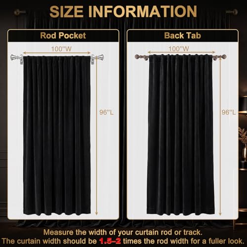 Batiyeer 100" w x 96" L Extra Wide Home Theater Curtains, Velvet Blackout Curtain Panel, 380 GSM Heavyweight Black Velvet Drapes, 95% Room Darkening Curtains for Home Theater, Stage, Villa, 1 Panel