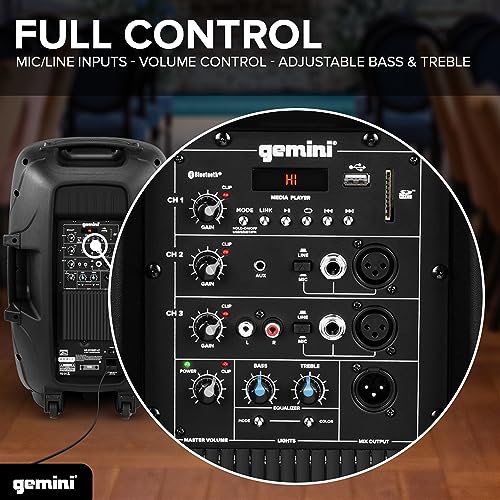 Gemini Sound AS-2115BT-LT Active 2000W Watt Party LED Light 15 Inch Woofer Powered Stage DJ Monitor Bluetooth PA Speaker, Wireless Stereo Pairing, Portable Fly Points | 15" powered PA with beat-synced LED show - XLR/1/4" mic inputs - Bluetooth, USB, SD, F