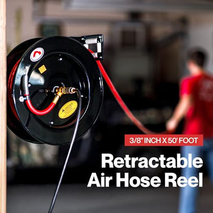 ReelWorks Air Hose Reel 3/8" Inch x 50' Foot SBR Rubber Hose Max 300PSI Commercial Steel Construction | Corrosion Resistant Powder Coating, Commercial Frame Supports Garage Air Service