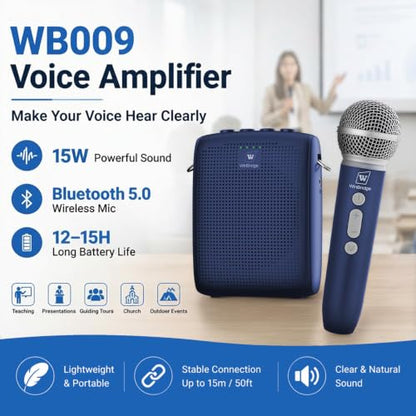 WinBridge Voice Amplifier with Wireless Mic for Teachers Blue WB009 | 15W Powerful Pa System,Bluetooth with 50ft Range, 12–15hr Battery, Dual Voice+Music Mode, Portable Lightweigh,Mute Control - color: Blue