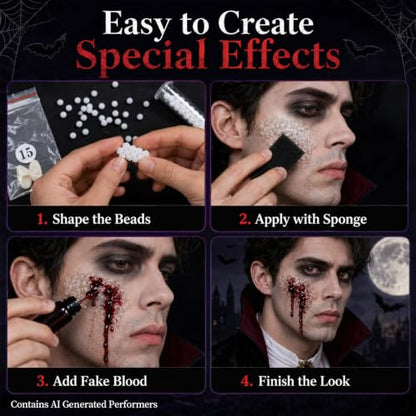 RAINFLOW 10PC Halloween Fake Blood Kit with Zombie Teeth for Cosplay Makeup | Zombie Teeth, Thermoplastic Beads, Fake Blood and Makeup Sponge for Cosplay Costume Special Effects Bruise Scar Makeup