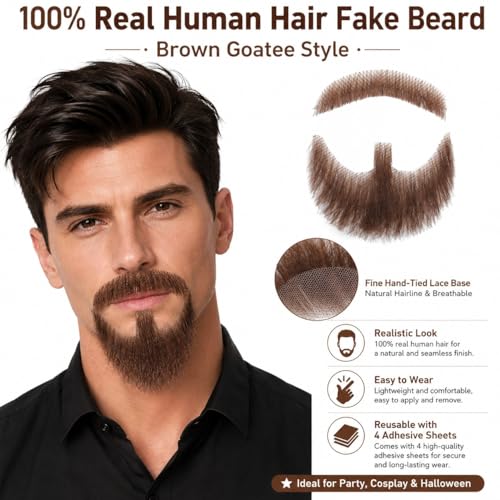 Hand-Tied Human Hair Fake Beard and Mustache for Costumes and Theater | Hand-knotted human hair on lightweight lace creates natural-looking facial hair for costumes, cosplay, theater and film - color: Style 1--brown