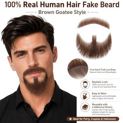 Hand-Tied Human Hair Fake Beard and Mustache for Costumes and Theater | Hand-knotted human hair on lightweight lace creates natural-looking facial hair for costumes, cosplay, theater and film - color: Style 1--brown