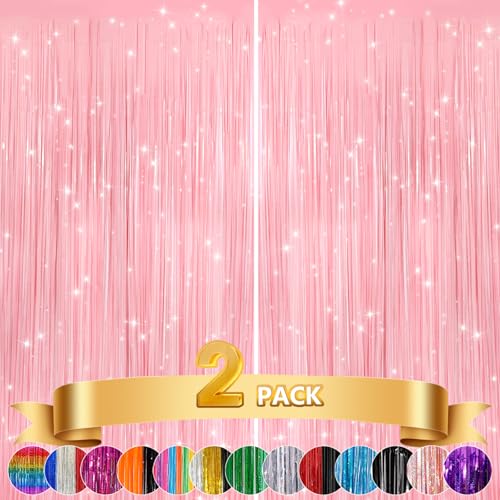 GCB 2Pack Pastel Pink Foil Fringe Tinsel Curtains, Pink Backdrop Streamers | Door Streamers, Party Backdrop for Birthday, Wedding, Baby Shower, Bridal Shower, Bachelorette, Holiday Photo Booth Props - color: 2pack Macaron Pink Streamers
