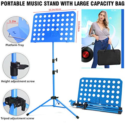 lotmusic Blue Music Stand, Portable Music Sheet Stand, Foldable and Height-Adjustable Music Stand with Bag, Sheet Music Clip, Light, Suitable for Playing Musical Instruments and Traveling Out - color: Blue Music stand