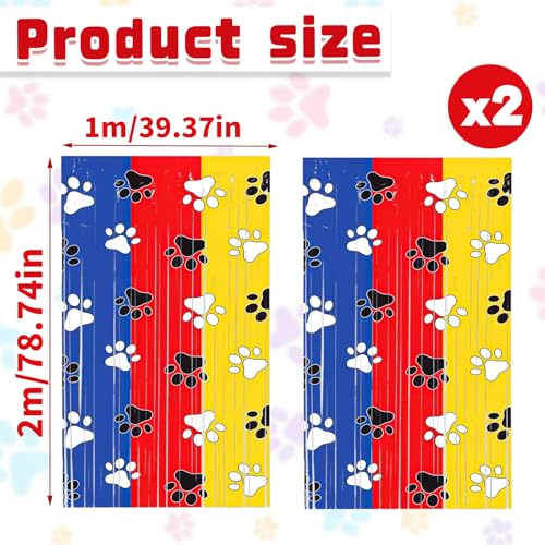 Paw Print Foil Fringe Curtains Backdrop | 2-Pack 3.3x6.6FT Dog Paw Tinsel Backdrop, Pet Streamer Birthday, Puppy Party, Baby Shower, Pet Party & Family Celebration - color: Red Blue Yellow