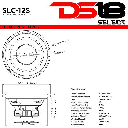DS18 SLC-12S Subwoofer in Black - 12-Inch Speaker, 500W Max Power, 250W RMS Power, Aluminum 4 Layer Voice Coil, Black Steel Frame, SVC, 4 Ohm Impedance, Ferrite Magnet (1 Speaker) - style: 12 inch