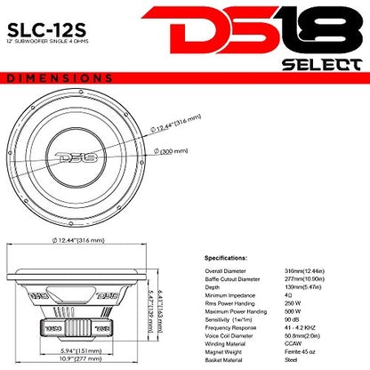 DS18 SLC-12S Subwoofer in Black - 12-Inch Speaker, 500W Max Power, 250W RMS Power, Aluminum 4 Layer Voice Coil, Black Steel Frame, SVC, 4 Ohm Impedance, Ferrite Magnet (1 Speaker) - style: 12 inch
