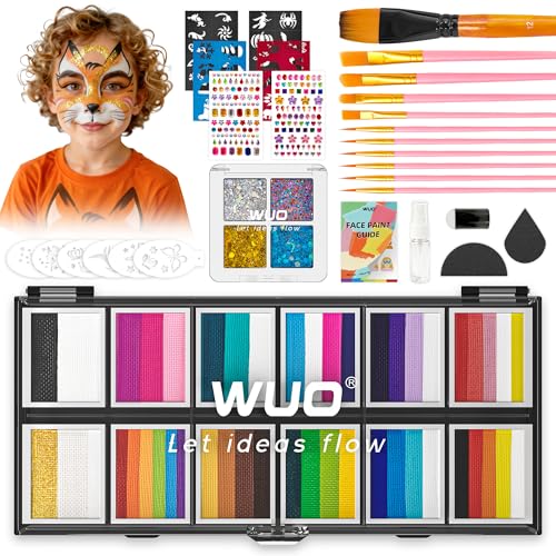 WUO Face Painting Kit for Kids Adults, 12x10g+4 Glitter Split Cake Palette - color: Classic + Glitter