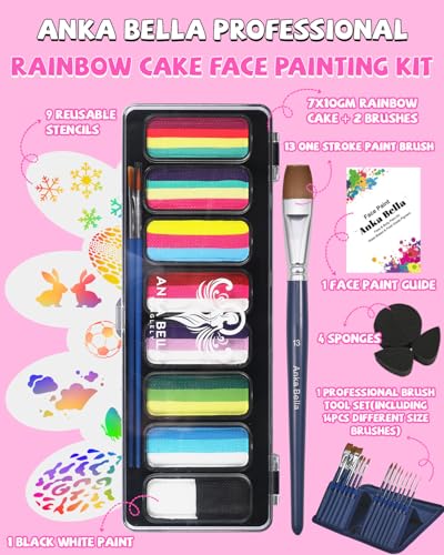Anka Bella Professional Face Painting Kit with Over 180 Tutorials | For beginners and professionals,Bright color,high pigment,Water Based Face and Body Paint with Brushes & Stencils - color: Rainbow Cake