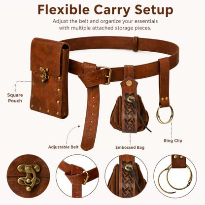 Renaissance Belt Pouch Set, Medieval Viking Pirate Leather Bag, Steampunk Waist Bag Skirt Hike Set, Halloween Cosplay Costume Accessories for Men Women (Brown) - color: Brown