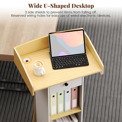 Podium Stand with Metal Wheels Wooden Lectern Podium Stand Portable Pulpit Standing with Storage Mobile Reception Podiums Desk for Church Office School Conference Restaurant Meeting,Wood - color: White&wood