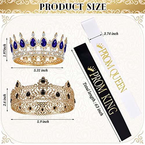 Juexica 4 Pcs Prom King Queen Crowns Gold, M, Royalblue and White Diamond | Gold Tiaras with AB Diamond Stones, Sashes Included, Royalty Crowns for Homecoming Birthday Halloween Wedding Party Costume - color: Royalblue and White Diamond
