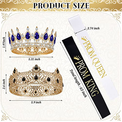 Juexica 4 Pcs Prom King Queen Crowns Gold, M, Royalblue and White Diamond | Gold Tiaras with AB Diamond Stones, Sashes Included, Royalty Crowns for Homecoming Birthday Halloween Wedding Party Costume - color: Royalblue and White Diamond