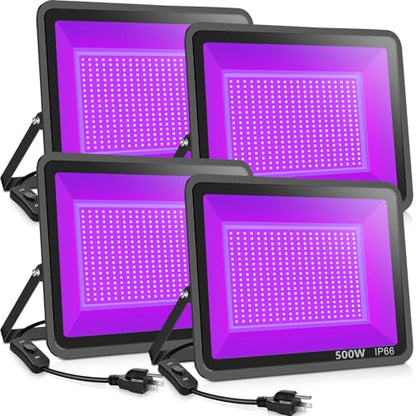 XYCN 4 Pack 500W LED Flood Black Lights,395nm to 405nm UV Outdoor Flood High Power Blacklight Light with Plug in, IP66 Waterproof Large Black Light Spotlight for Glow Party Large Space, Halloween - color: 4pack 500w Led Black Light