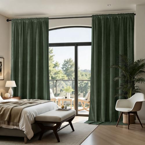 Joydeco Dark Olive Velvet Curtains 63 inch Length 2 Panels, Luxury Blackout Rod Pocket Thermal Insulated Window Curtains, Super Soft Room Darkening Drapes for Living Room Bedroom,W52 x L63 inches - color: Rod Pocket | Dark Olive Green, size: 52"W x 63"L (